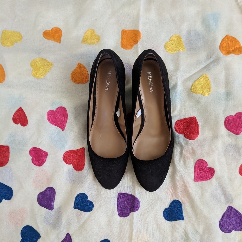 Merona brand black faux suede wedges